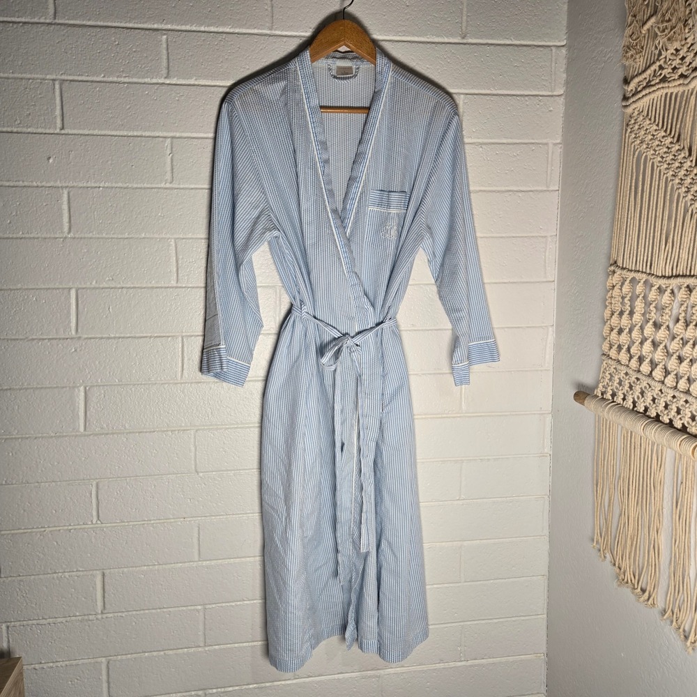 Cabernet Seersucker Robe Large Blue White Striped Cotton Blend Wrap Long